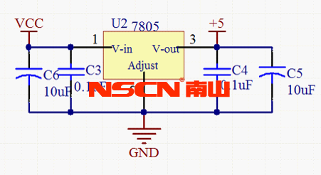 78L05三端穩壓管與電容電路