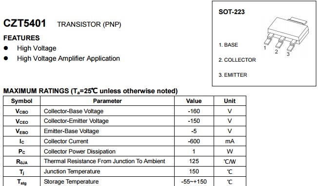 長電CZT5401貼片三極管核心參數(shù)表